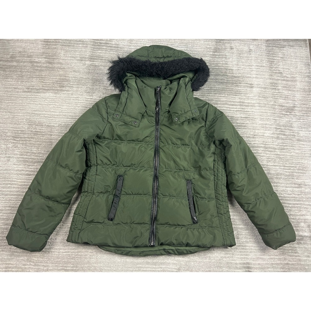 Old Navy Puffer Jacket Womens L Olive Green Faux Fur Hood Quilted Winter Coat